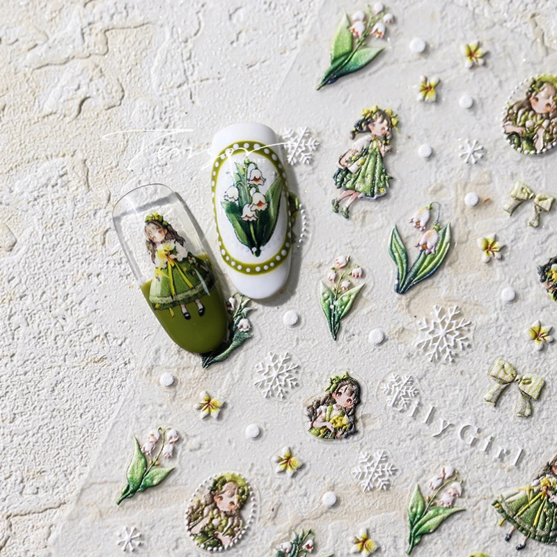 Lovely Lily of The Valley Girls Cartoon 5D Embossed Reliefs Self Adhesive Nail Art Stickers Cute 3D Manicure Decals