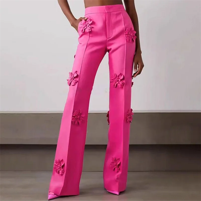 

Women's pants 2023 Autumn New Korean Fashion 3D Flower Decoration Flare Pants High Waisted Slim Fit Wide Leg Pants y2k Trousers