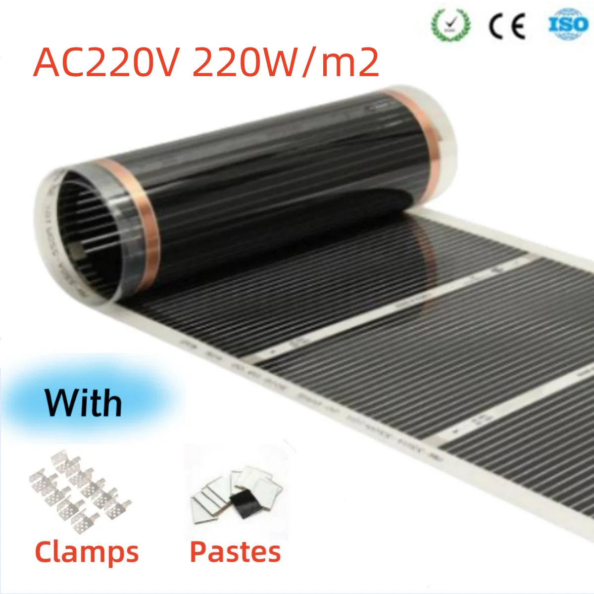AC220V แผ่นพื้นอุ่นพร้อมที่หนีบฉนวนกันความร้อนวาง 220 วัตต์/ตร.ม. ทุกขนาดฟิล์มทําความร้อนใต้พื้นอินฟราเรด 1