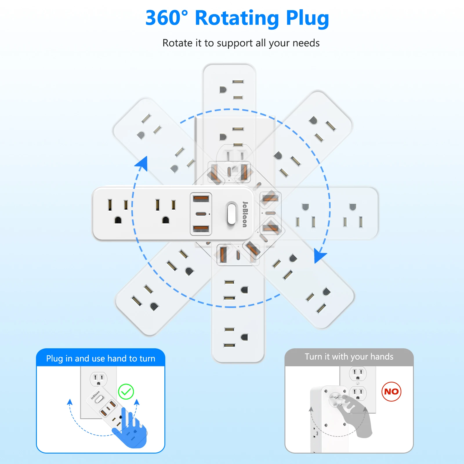 360&deg;Rotating Power Strip US Plug with 6 AC Outlets 3 USB Ports 1 Type-C,Multiple Wall Socket with Switch Network Filter for Home