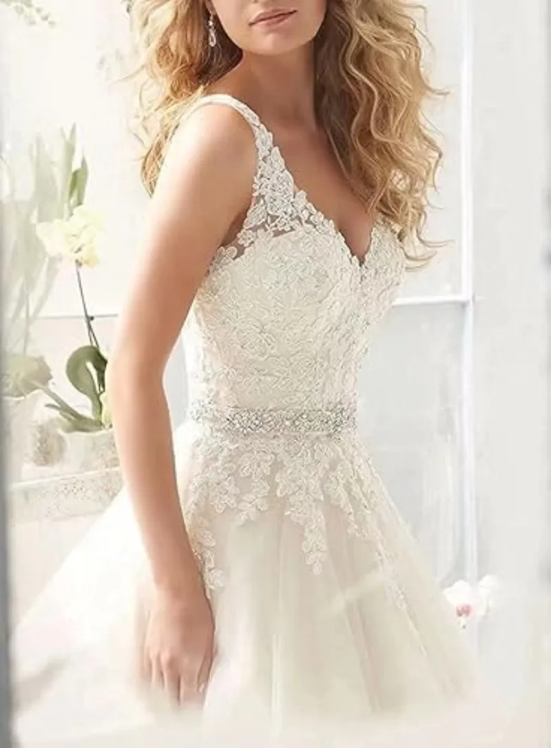 Wedding Dresses for Bride V Neck Beaded Straps Lace Appliques Bridal Gown