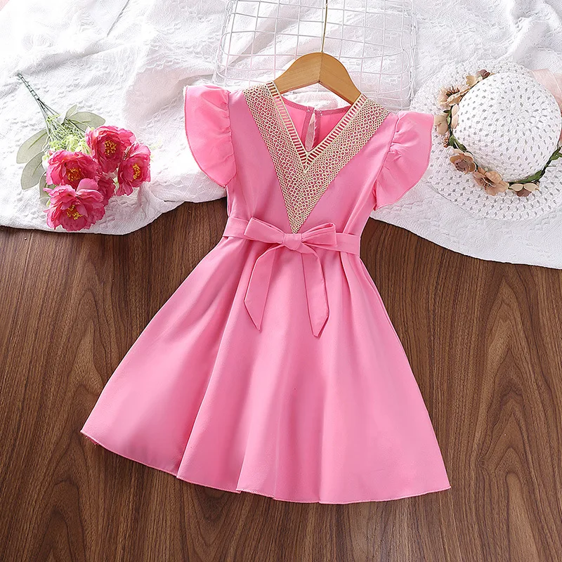 

2023 Summer New Arrival Girls Sleeveless V Neck Sashes Ruffles Pink Roupa Infantil Menina Cute Party Dress Custume 4-7T