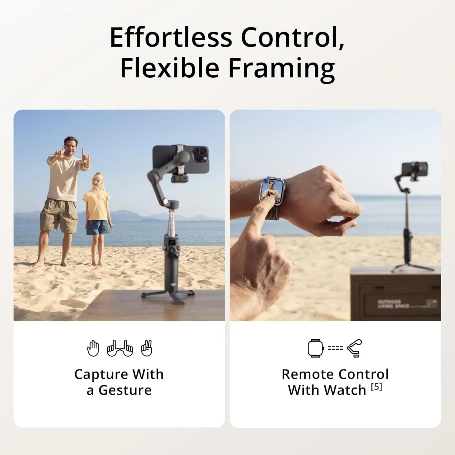Vue rapprochée du joystick et des boutons du DJI Osmo Mobile 7P avec trépied déplié