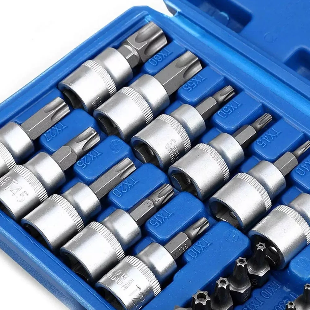Professional 34pcs Torx Bit Socket & E-Torx Star Socket Set 1/4" 3/8" 1/2" Drive Male Female E-torx Bits Handheld Tool with Case 5