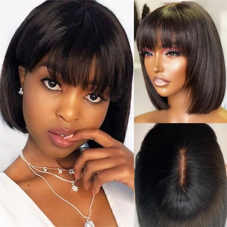 Middle Part 3X1 Hd Lace Wig Bone Straight Human Hair Wigs With Bangs Short Bob Glueless Human Hair Wigs for Black Women