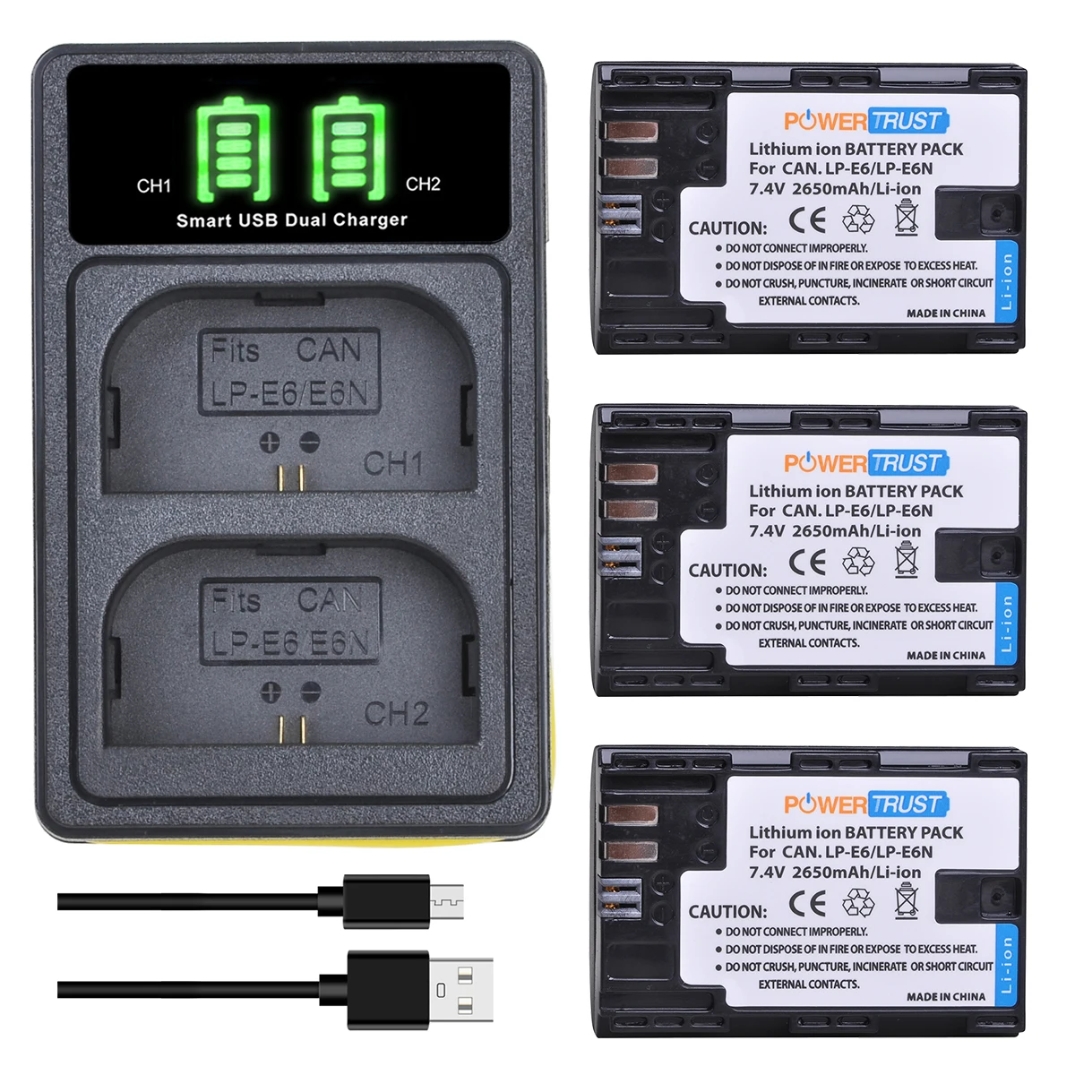 Powertrust Lp-E6N Lp-E6 2650Mah Batteria + Led Doppio Caricatore Per Canon Eos 5Ds R 5D Mark Ii,Mark Iii 6D 7D 80D 90D Eos R R5 R6