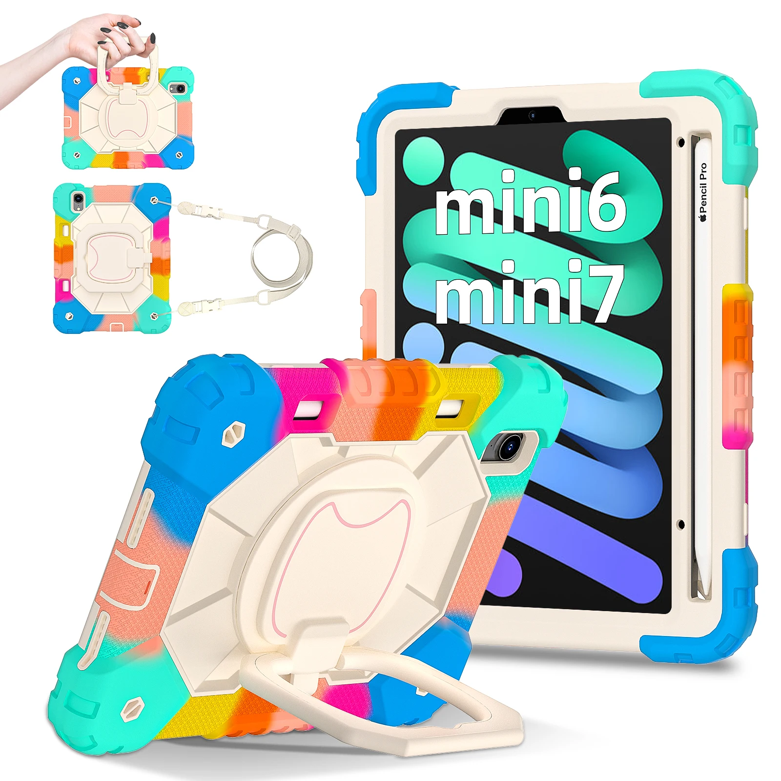 Heavy Duty Shockproof Silicone & PC Case with 360° Rotating Kickstand and Shoulder Straps