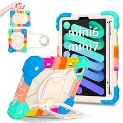Heavy Duty Shockproof Silicone & PC Case with 360° Rotating Kickstand and Shoulder Straps - iPad mini 7 8.3 2024 (Colorful blue)