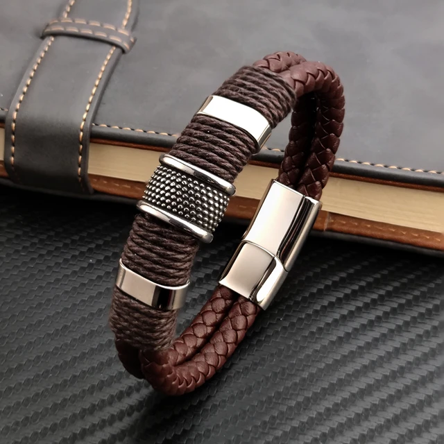 Braided Genuine Leather Bracelet Men with Stainless Steel Buckle