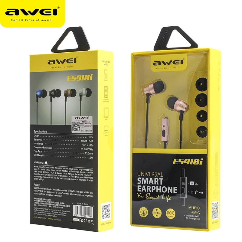 Awei 3.5mm Wired Earphones In-ear Headset Gamer Volume Control With Built-in Microphone Universal Earbuds For phone