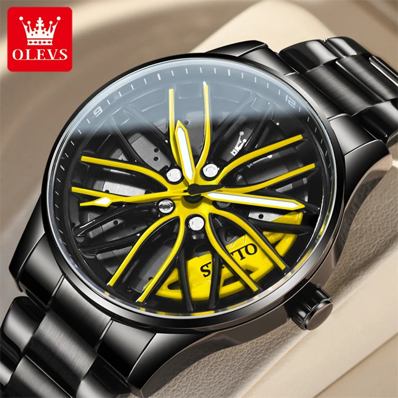 Olevs 9937 Sport Men Watch Orologi Da Polso Luminosi Impermeabili Originali In Acciaio Inossidabile Fashion Casual Rotary Car Rim Wheel Watches