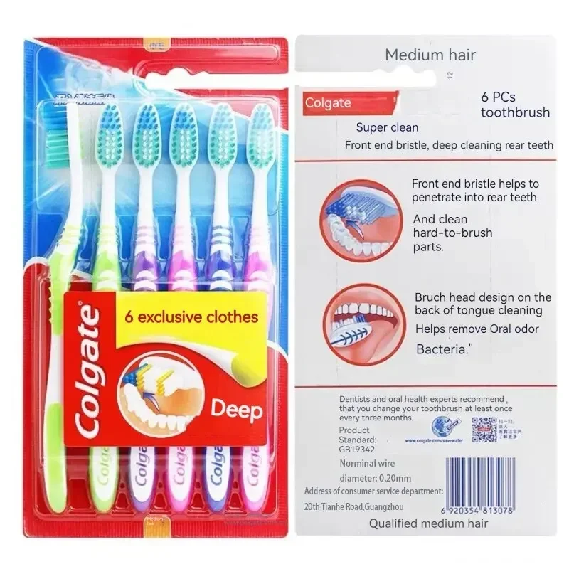 6-Pack Soft Toothbrushes Medium Bristle Colgate-Style Family Travel Set Unisex Ergonomic Handle