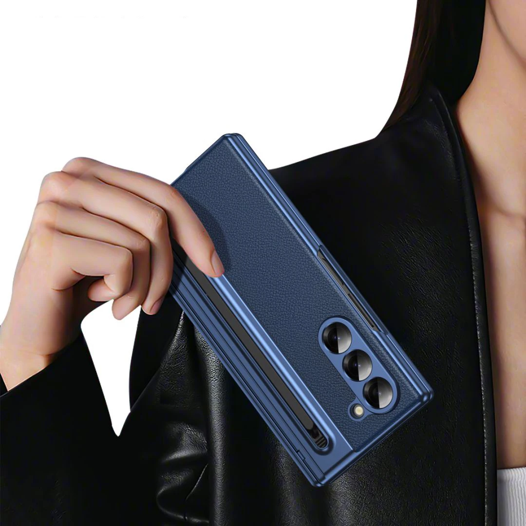 Leather S Pen Phone Case with Hinge Protection & Built-in Screen Protector - Blue