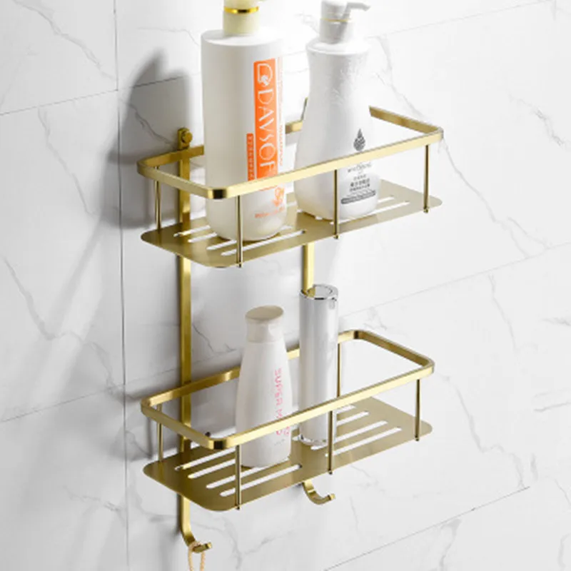 

Golden Rectangle Rack Creative Basket Bathroom Cosmetics Hardware Set Wall Shelf Floating