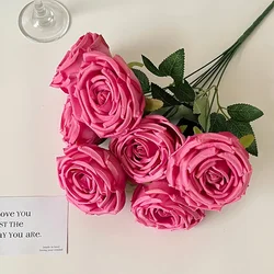 Elegant Artificial Rose Bouquet for Home and Wedding Decor - Seven Heads of Lifelike Brushed Cloth Roses (Rose Red)