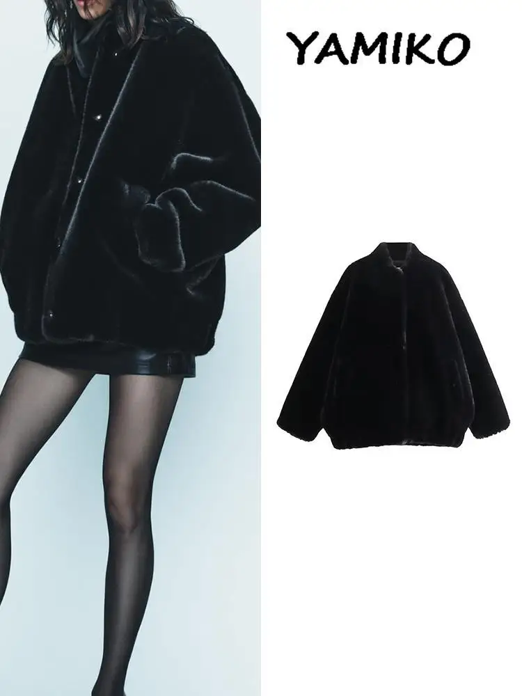 

Faux Fur Bomber Jackets For Women O Neck Long Sleeve With Snap Button Elastic Hem Bombers Female Vintage Warm Thick Jacket New