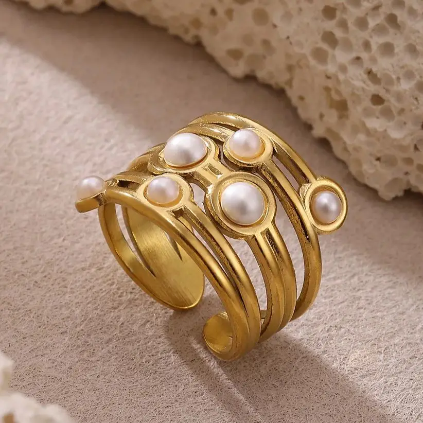 Pearl Rings Gold Stainless Steel for Women