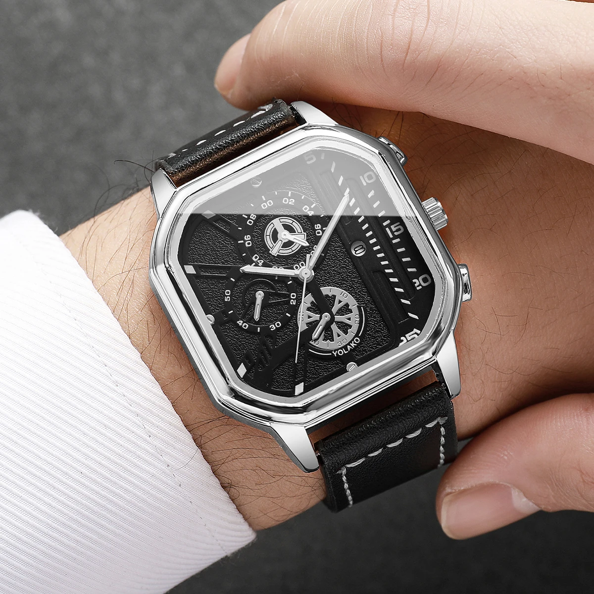 Men's Minimalist Business Watch With Three Eye Decorative Dial Casual Sports Style Men's Calendar Quartz Watch(Box Not Included)