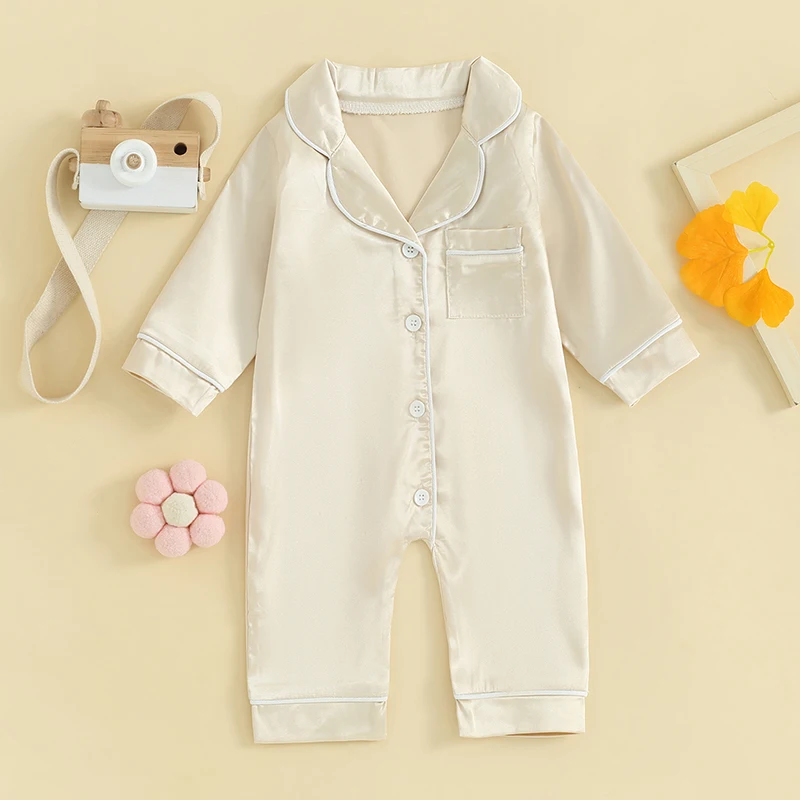 0-24M Baby Romper Pajamas Solid Color Button Down Long Sleeve Sleepwear for Girls Boys Newborn Toddler Loungewear