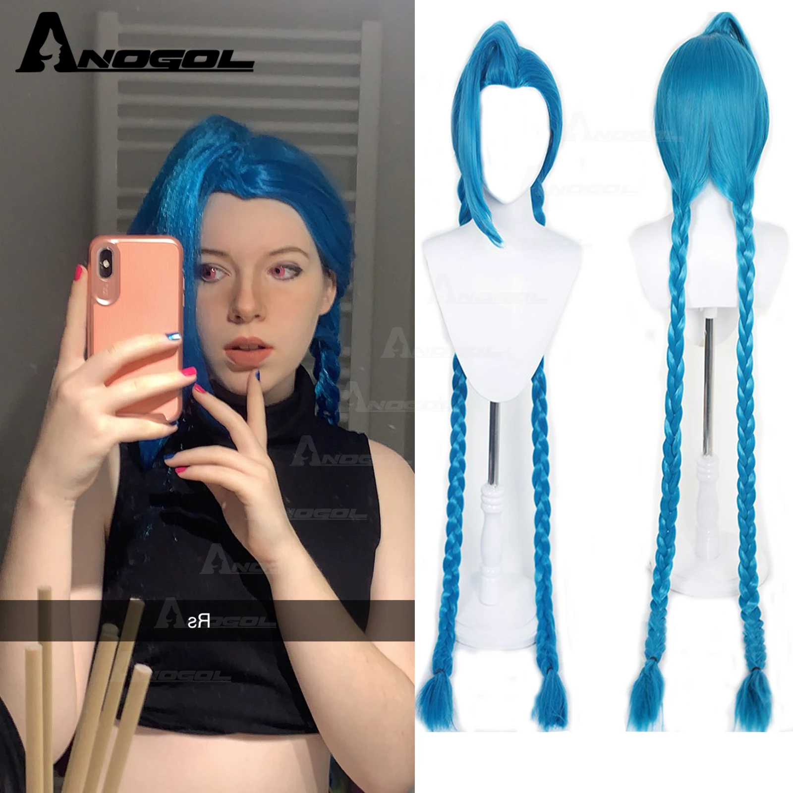 AN Synthetic Jinx Cosplay Wig Game lol Arcane 120cm 47IN Blue Braids Cosplay Wigs Lolita Braided Wigs Halloween Costume Party