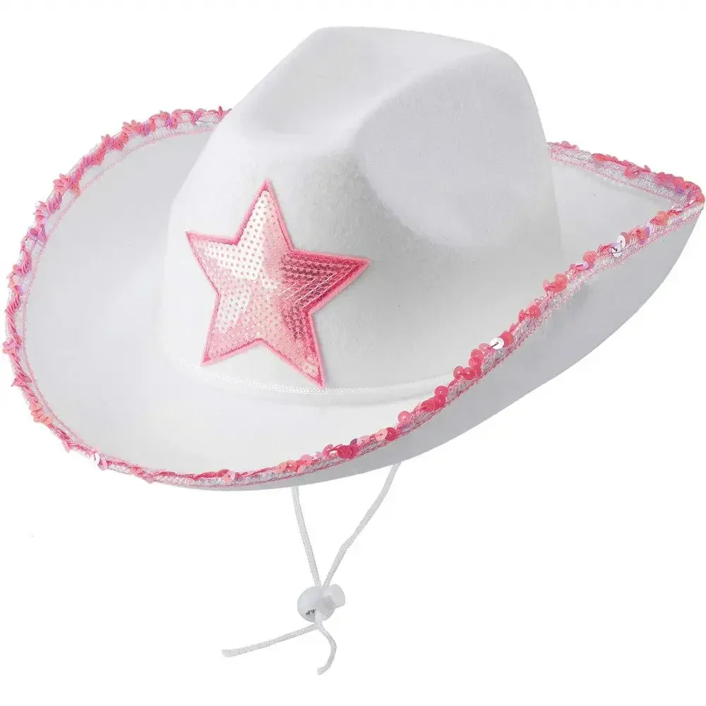 Women Pink West Cowgirl Hat Girls Tiara Feather Felt Western Sequin Cowboy Cap Costume Party Dress Jazz Caps Cosplay Props