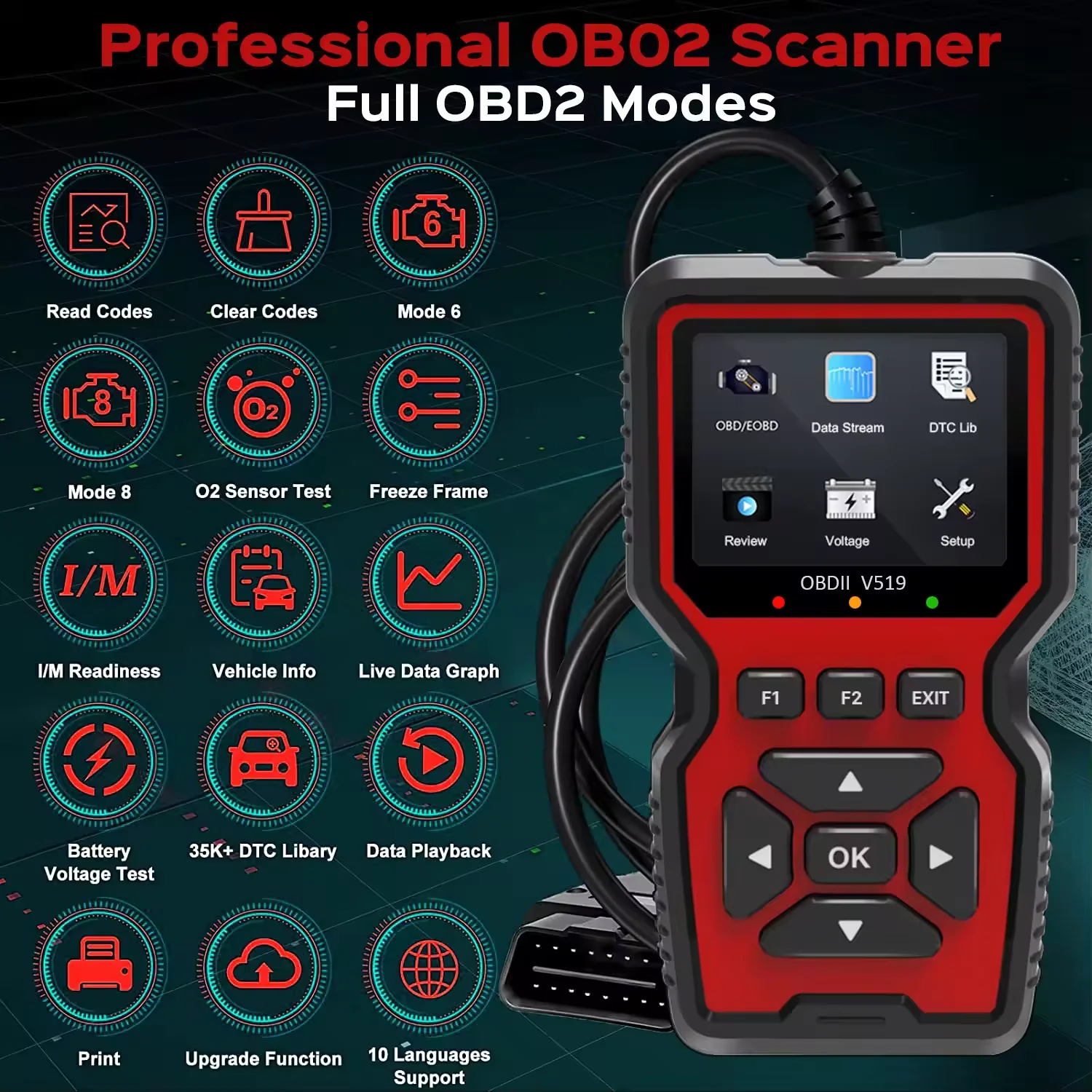 V519 Obd2 Diagnostic Scanner Tool Vechicle Check Engine Light Code Reader With Battery Voltage Tester I M Readiness Reset And Code Eraser For All Obdii Car Since 1996 Grey
