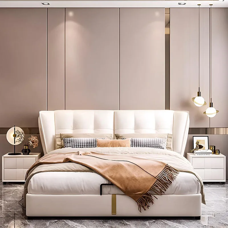 

Frame Wood Double Bed Tall Headboard Twin Size Double Bed Luxury Upholstered Camas Moderrnas Inteligentes Bedroom Furniture