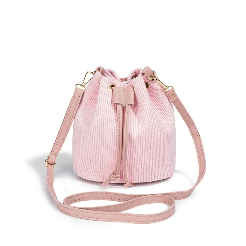 Women Corduroy Bucket Bag Adjustable Strap Shoulder Bag Solid Color Retro Handbag Tote Purse For Work Travel
