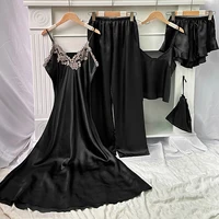 5 Piece Satin Sleep Set  Lace Trim Slip Dress   Cami Top  Ruffle Shorts  Lounge Pants  Women's Loungewear   Sleepwear - Image 3