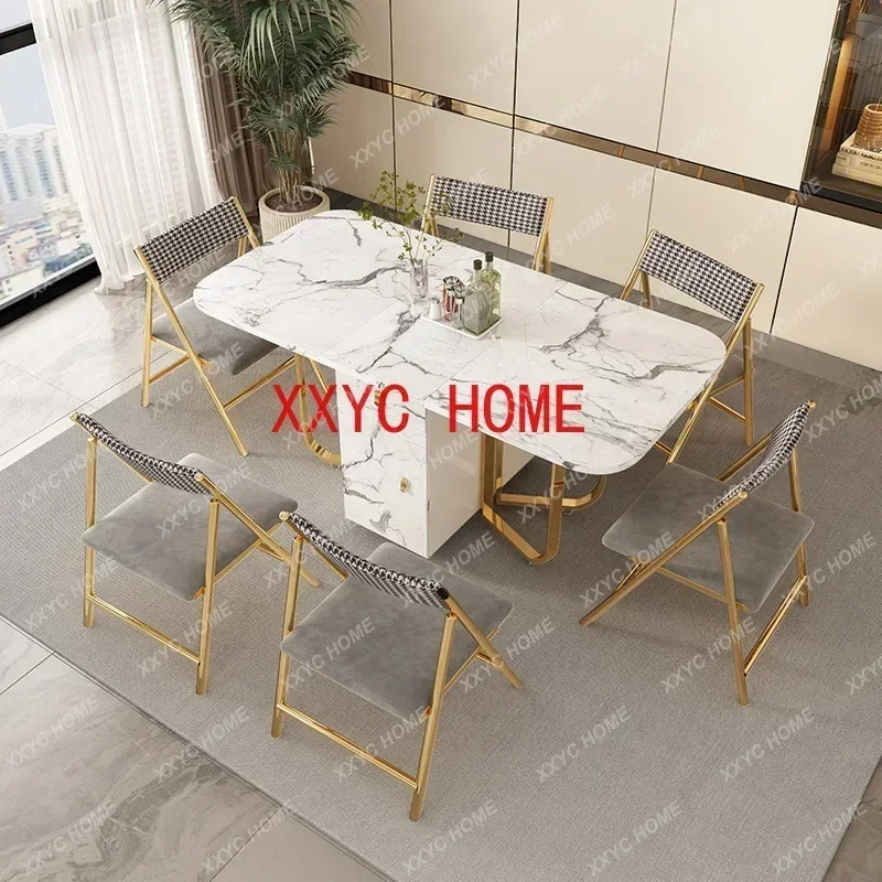 Movable Folding Dining Table with Storage Rack and 2 Drawers Extendable Versatile Kitchen Table and Metal Folding Dining Chairs