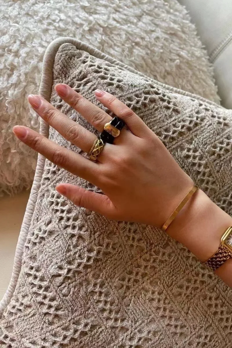 여성용 프렌치 심플 드롭 리지 링, 18k 골드, 블랙 골드, 에나멜 스트라이프, 인덱스 핑거 링
