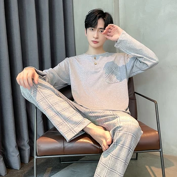 L-4XL Set pigiama da uomo primavera e autunno indumenti da notte a maniche lunghe 100% cotone pigiama da uomo abbigliamento Casual da casa maschile 1