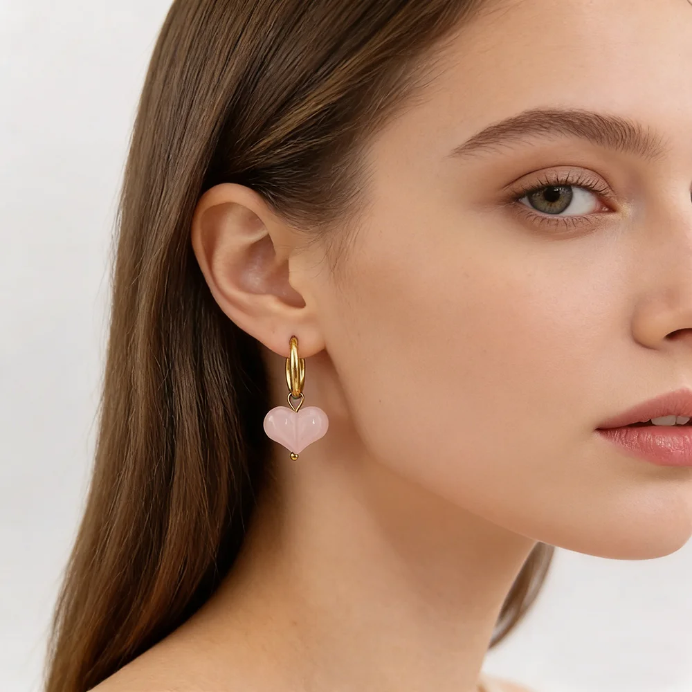HUIDANG Frühjahr Neuheit Herz-Ohrringe für Damen Creolen aus Edelstahl 316 mit Naturstein – Detail 3