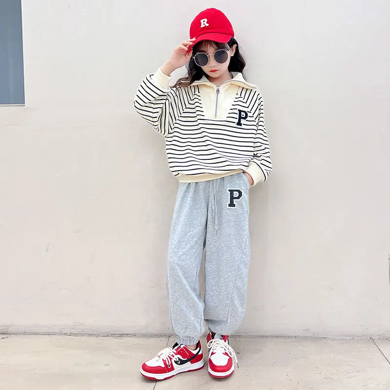 

Kids Clothes Girls Spring Autumn Striped Hoodie Casual Sport Two-piece Sets Casual Children Long-Sleeved Suit Teen Girls Outfits
