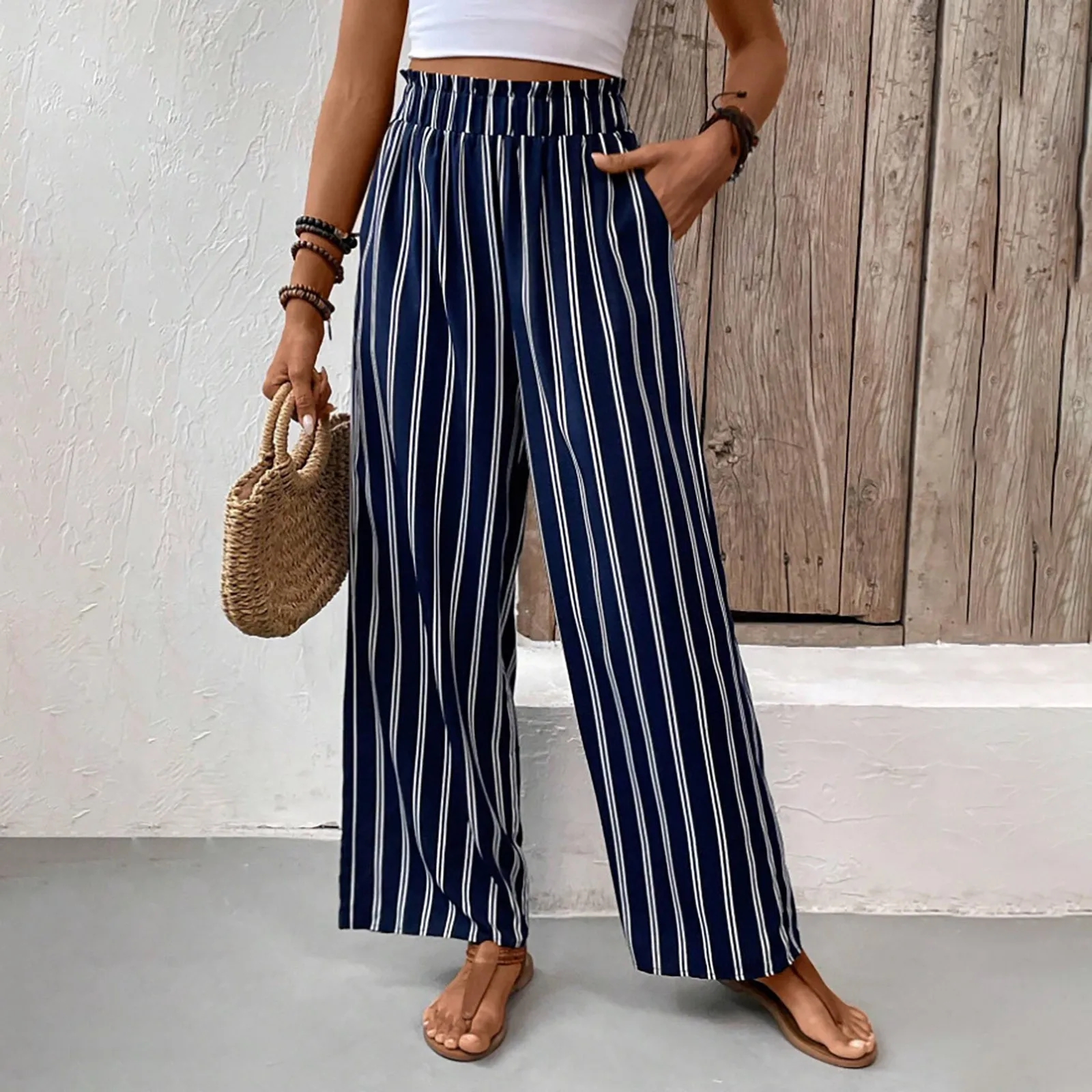 

Брюки женские полосатые в Корейском стиле, Модные Винтажные свободные штаны в стиле 90-х с широкими штанинами, эластичные повседневные спортивные в стиле ретро, Y2k