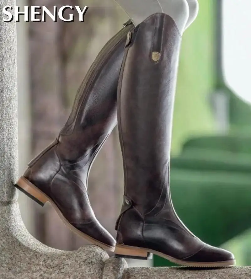 Botas de couro de joelho para mulheres, bota reta, cavaleiro, equitação, cavaleiro equestre, moda feminina, sapatos de inverno com zíper