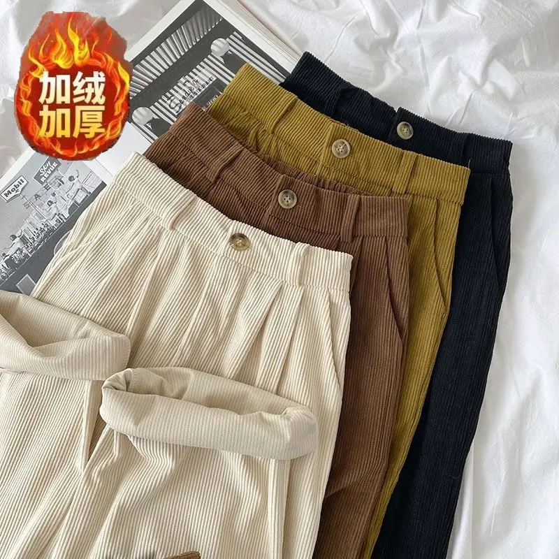 Y2k High Waist Women Retro Corduroy Pants Fall Straight Causal Full Length Trousers Vintage Pockets All Match Pants Korean New