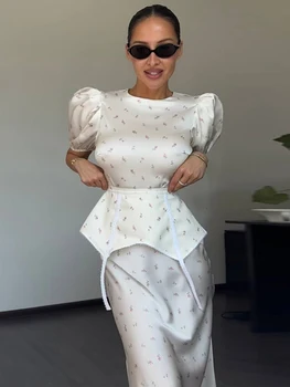 Women's White Floral Print Puff Sleeve Dress With Waistband Fashion Satin Ruffled Hem Maxi Dresses Lady 2026 Elegant Party Robe 1