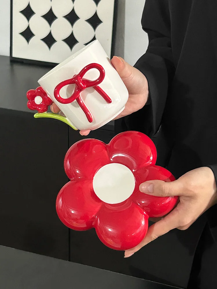 Creative Bow Ceramic Mug Home Flower Coffee Cup Saucer