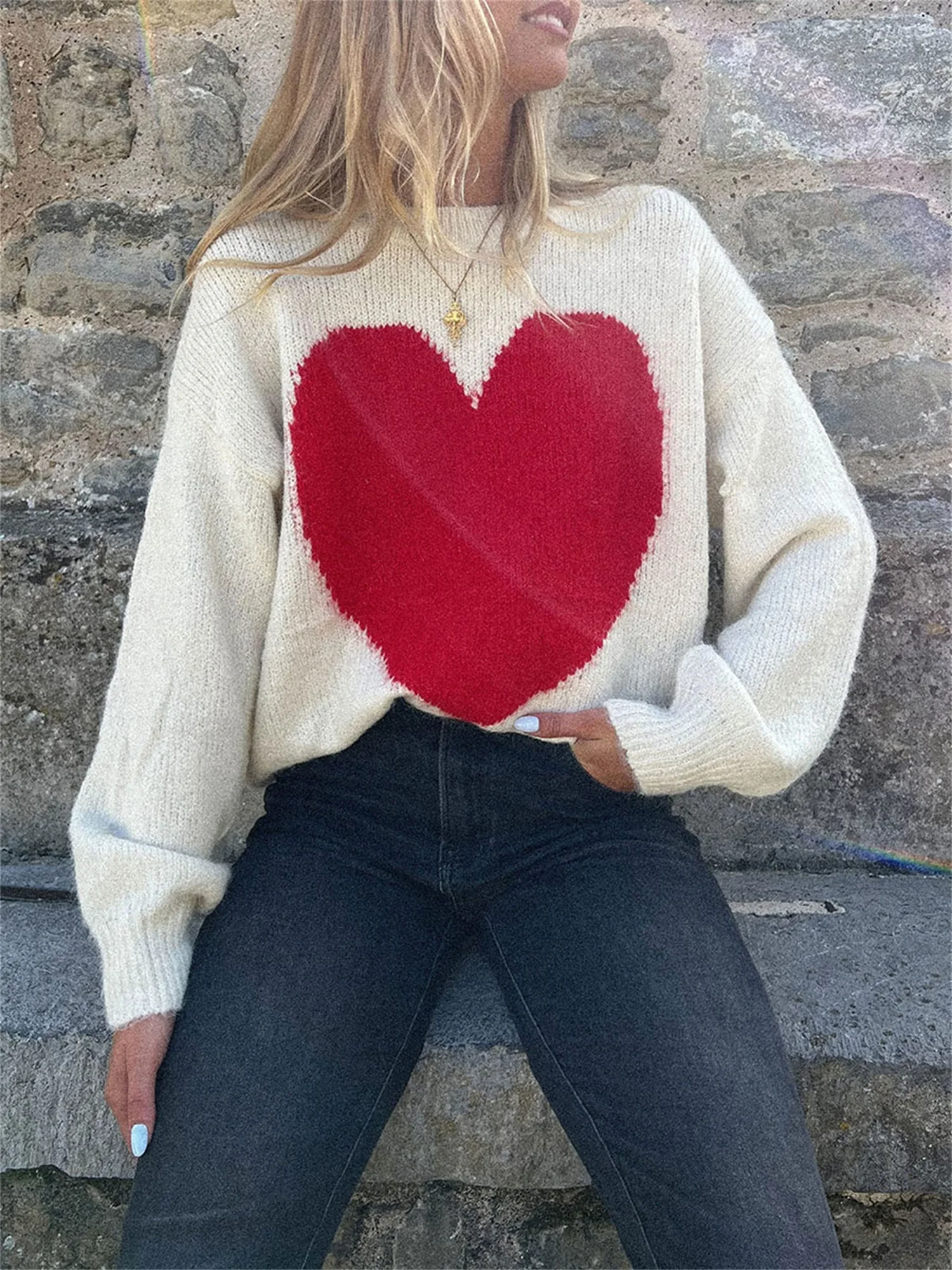 Women s Winter Warm Knit Sweater Long Sleeve V-Neck Snowflake Print Pullover Knitwear Fashion Jumper Coat