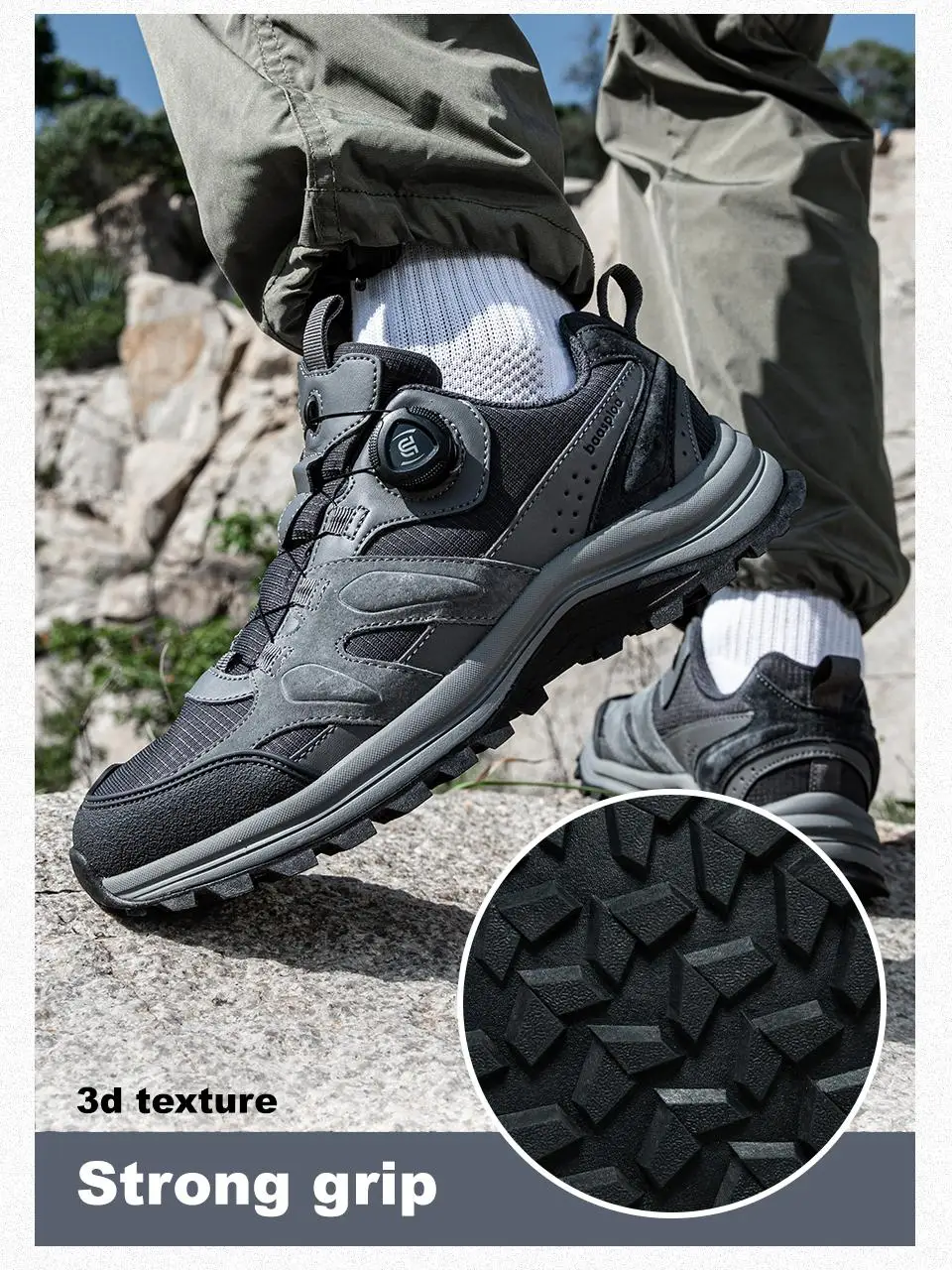 Baasploa Herren-Wanderschuhe mit Drehverschluss, Outdoor-Schuhe aus Leder, Spritzwassergeschützt, Weiche Laufschuhe, Rutschfest – Detail 14