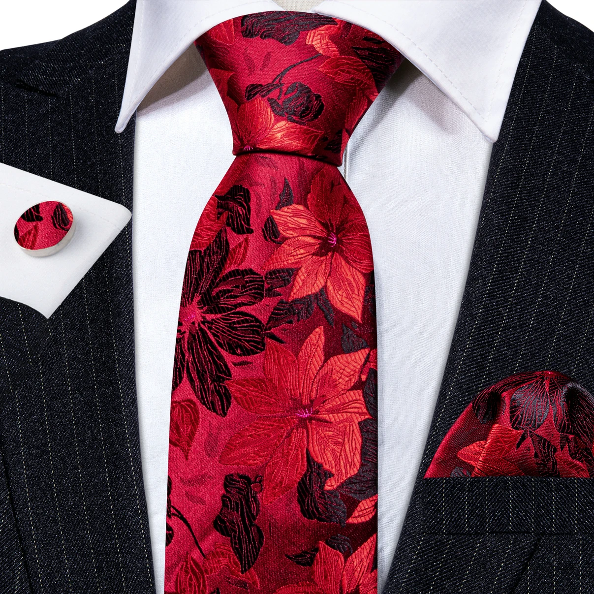 Jacquard Floral Silk Mens Tie Pocket Sqaure Cufflinks Set Flower Necktie For Male Wedding Business Party Events Gift neck tie,pocket square