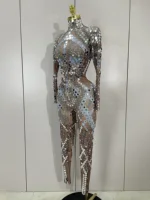 2025 New Sexy Shiny Silver Sequins Mirror Spandex Jumpsuit Women Prom Dancer Singer Costume Evening Birthday Show Stage Outfit - Image 2
