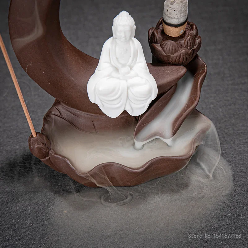 Ceramic Zisha-Incense Burner Ornament, Lotus Moon Shape Backflow Sandalwood censer, Household Indoor Living Room Decoration, 1Pc