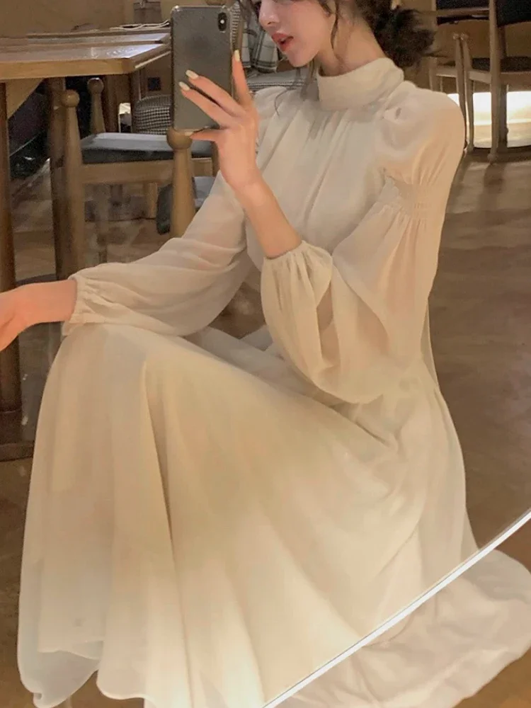 

Женское платье-водолазка средней длины, элегантное белое цельное платье во французском стиле с длинным рукавом, корейская мода, Y2k, весна 2024