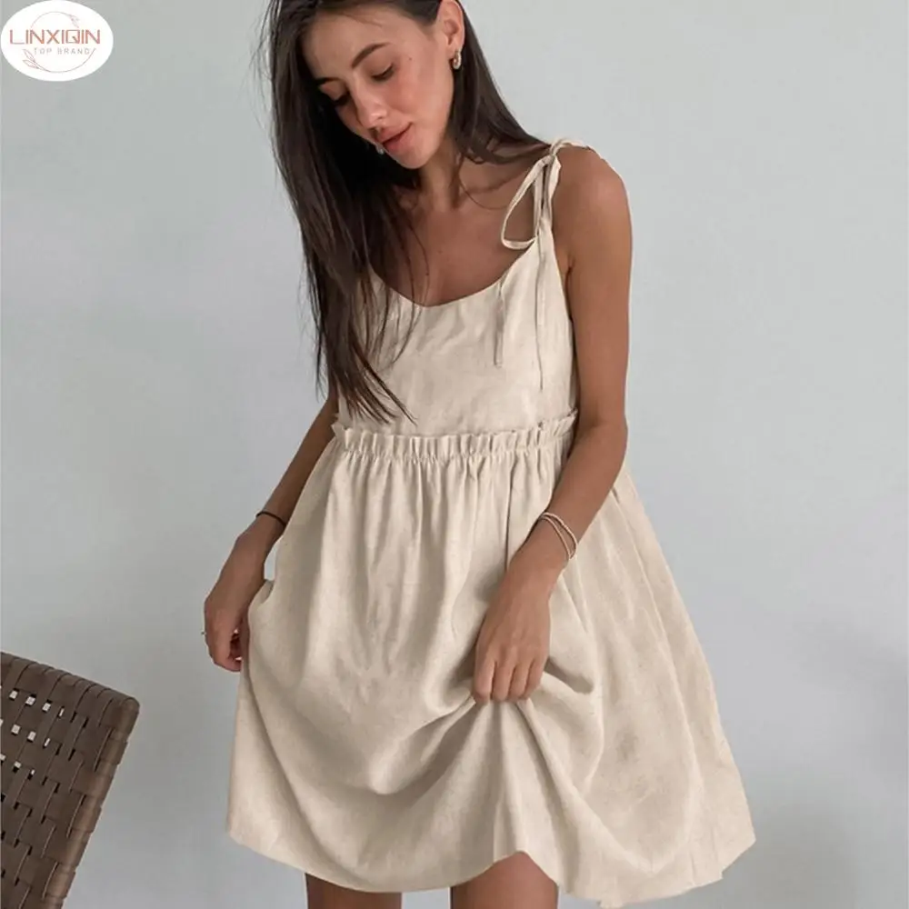 

LINXIQIN Summer Khaki Linen Dress Women Elegant Spaghetti Strap A-Line Loose Dresses Fashion Ruched Lace-Up Sexy Mini Dresses