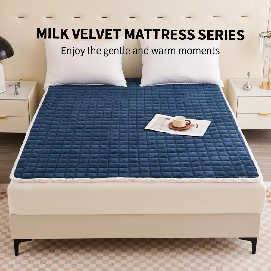 1pc Soft Velvet Mattress Topper Quilted Bed Mat Cover Solid Color Mattresses Home Bed Topper Skin-friendly Linen 매트리스 토퍼