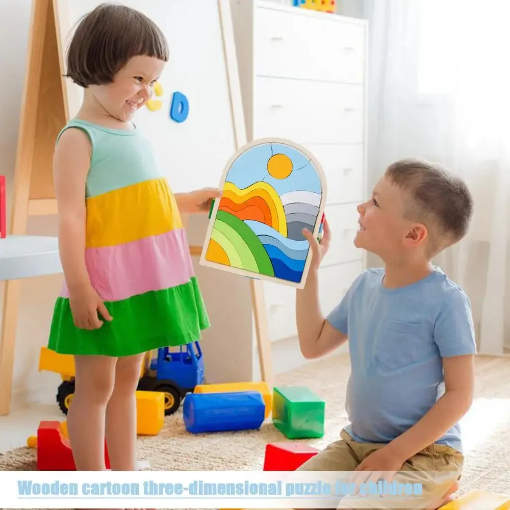 Montessori Wooden Rainbow Blocks Puzzle Rainbow Irregular Shape Color Cognitive Educational Toys for Baby Boys Girls Gift 3