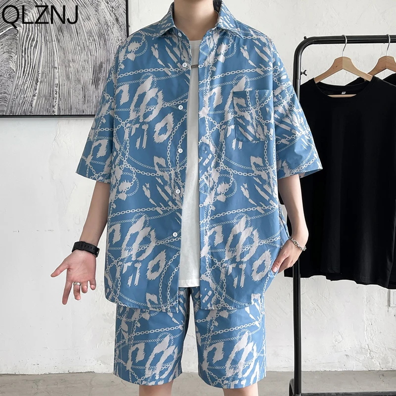 Summer Two Piece Set Men Casual Short Suit Beachwear Clothes Quick Dry y2k Streetwear Blue Short Sleeve Hawaiian Shirt Set Pants