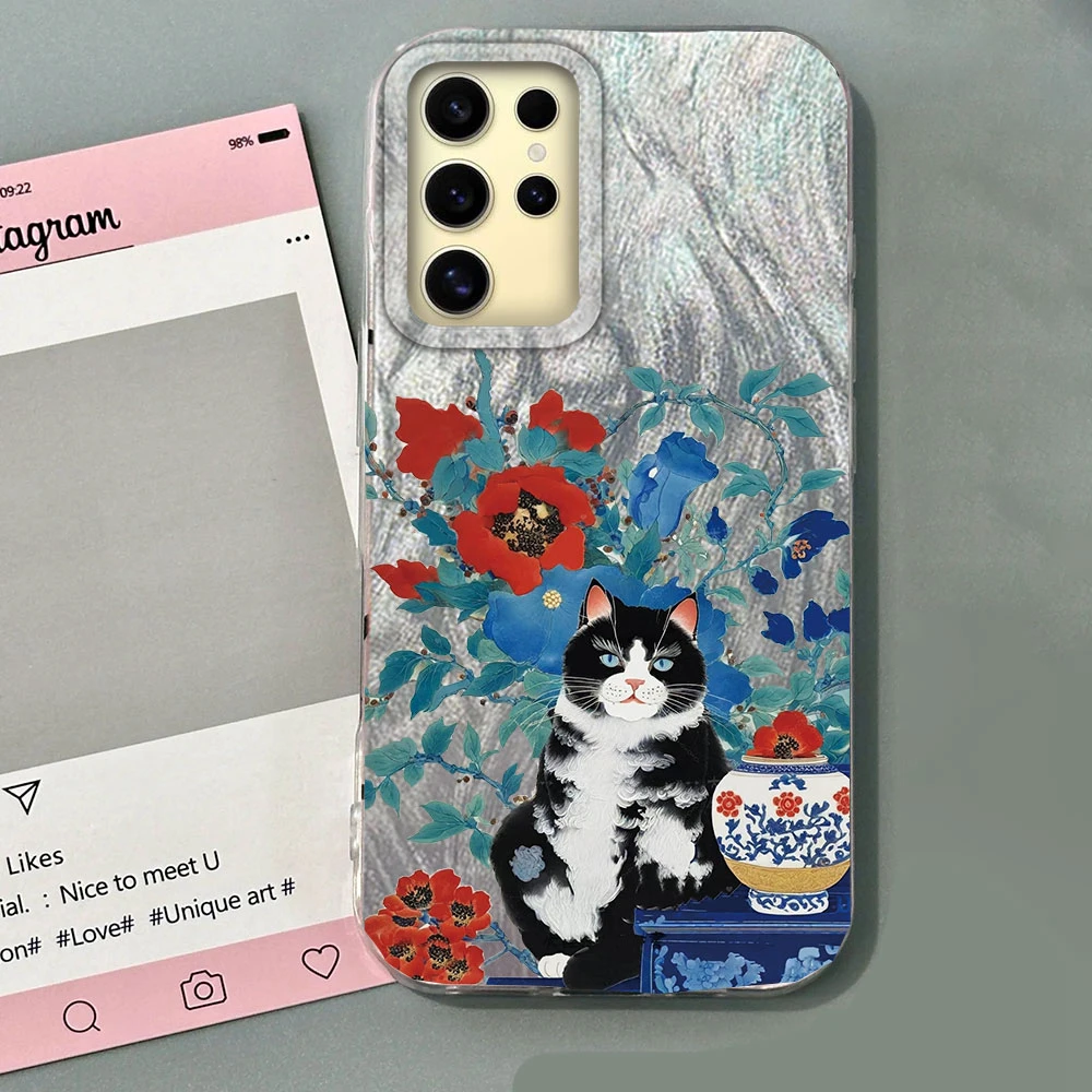 Elegant Black Cat Flower Design Silicone Phone Case - Luxury Protective Back Cover